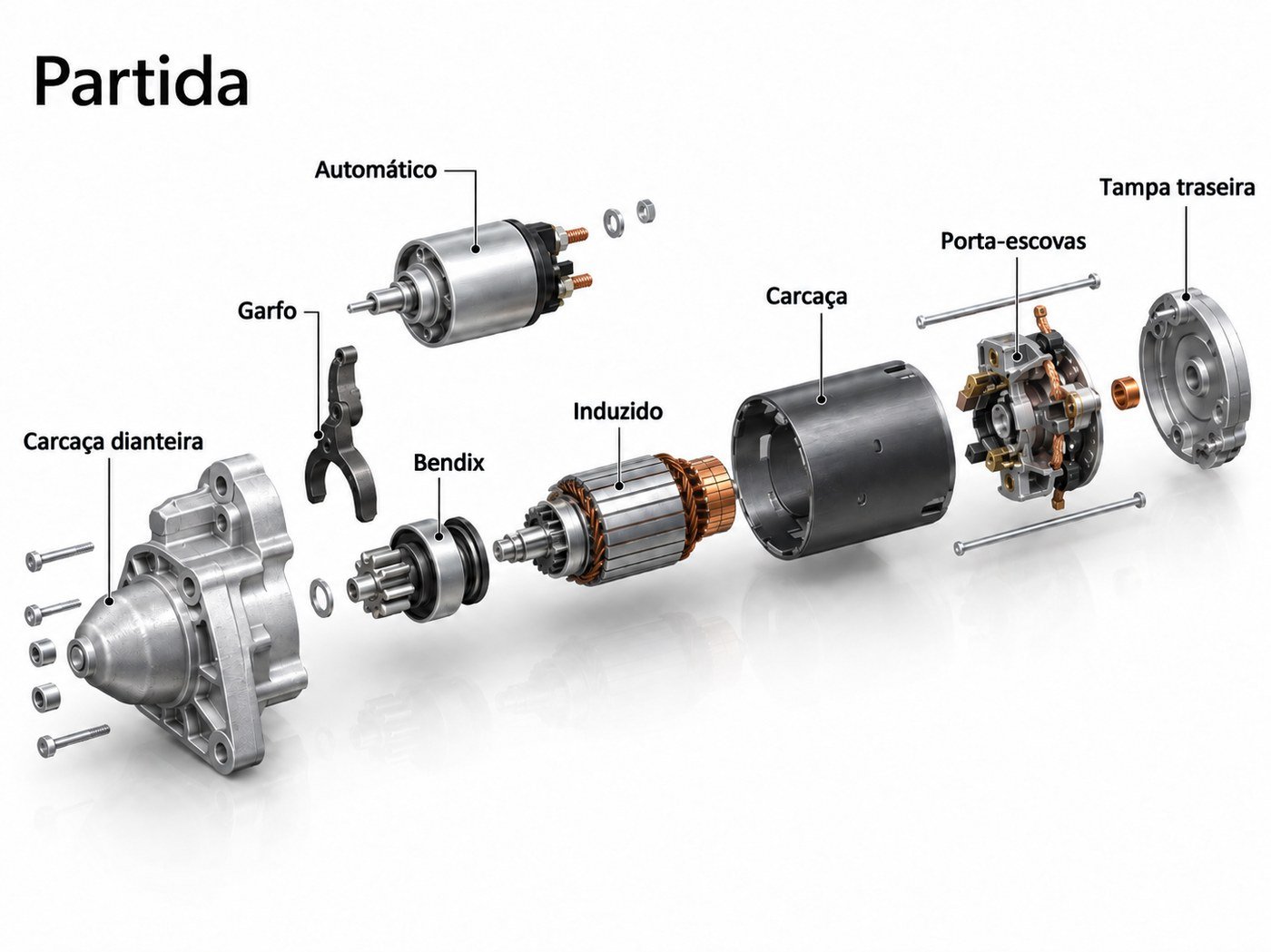 Vista explodida de um motor de partida, com carcaça dianteira, garfo, automático, bendix, induzido, carcaça, porta-escovas e tampa traseira